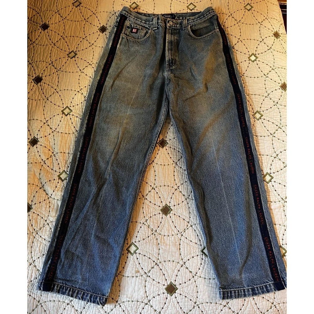 Vintage Chaps Ralph Lauren Mens Branded Side Stripe Jeans Blue 34 Aged Denim